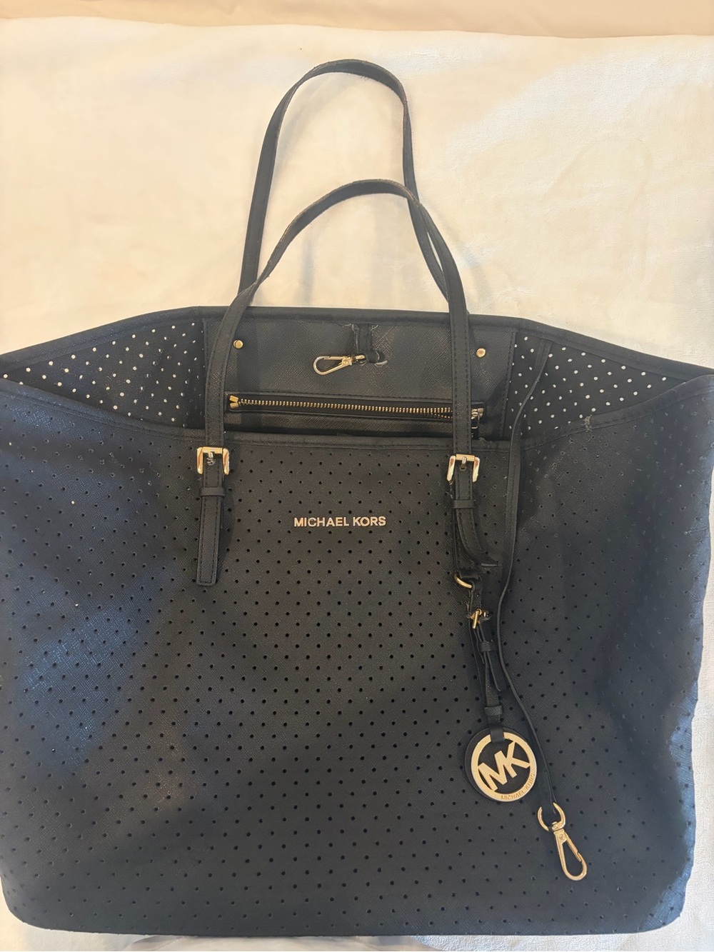 Michael Kors Black Perforated Leather Tote with Gold Accents